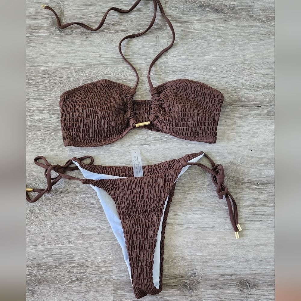 SweatyRocks Women's 2 Piece brown Ribbed Tie Side Halter Bikini Swimsuit Medium - Picture 5 of 10